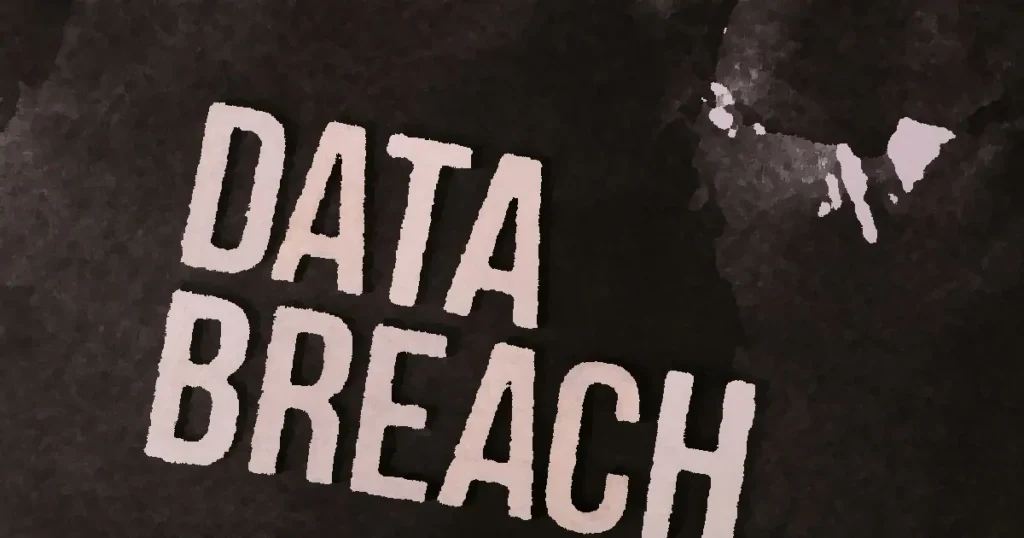 A conceptual image highlighting the issue of data breaches, featuring bold text on a textured background.