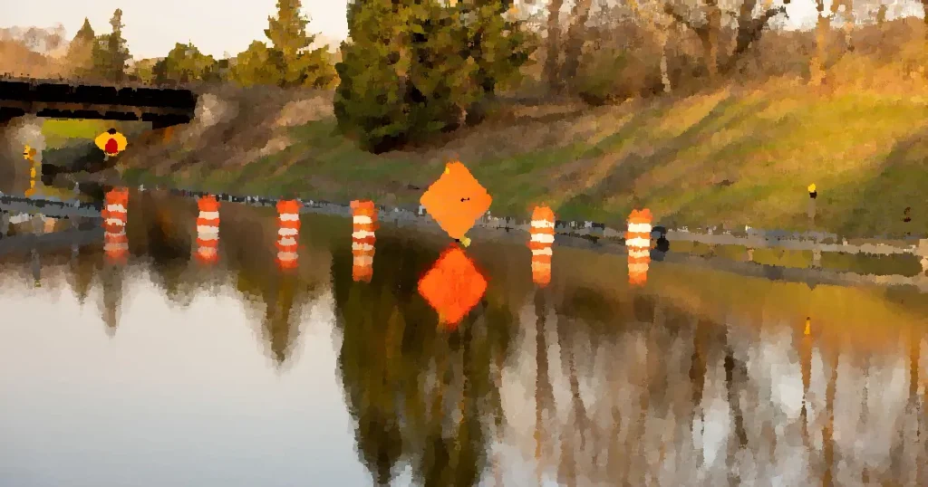 A flooded road with warning signs indicating 'Road Closed Ahead' due to water overflow.