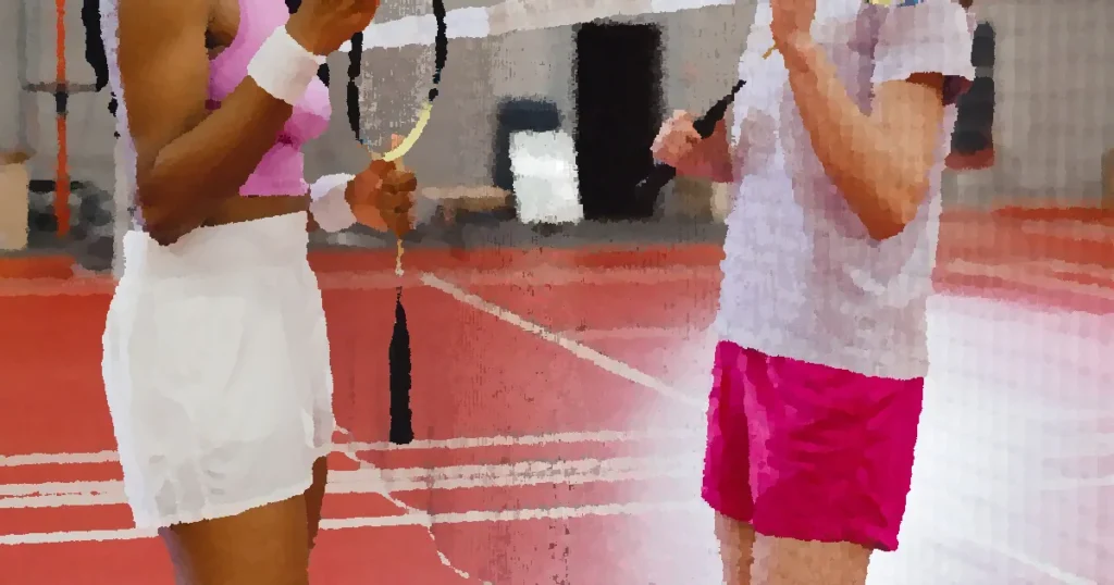 Two women holding racquets on an indoor badminton court, engaged in conversation over the net.