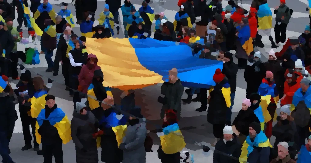Crowd in Stockholm holding large Ukrainian flag at a demonstration.