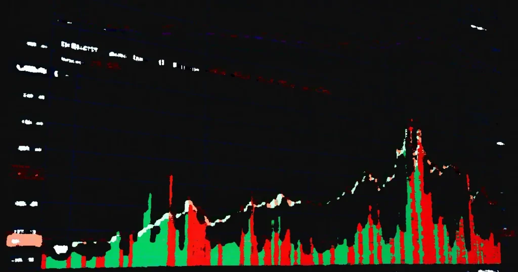 Close-up of a cryptocurrency market graph focusing on BNB price and volume trends over time.