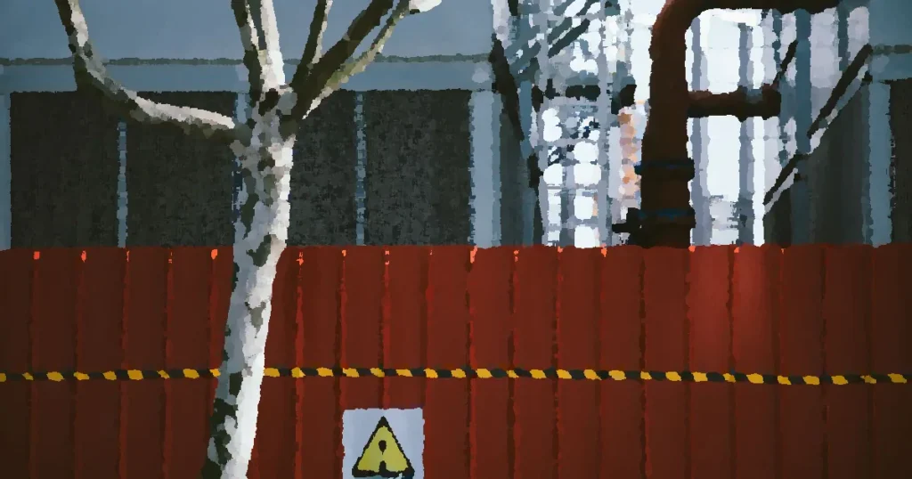 A red fence with a warning sign at an industrial site, with a bare tree and pipe structures.