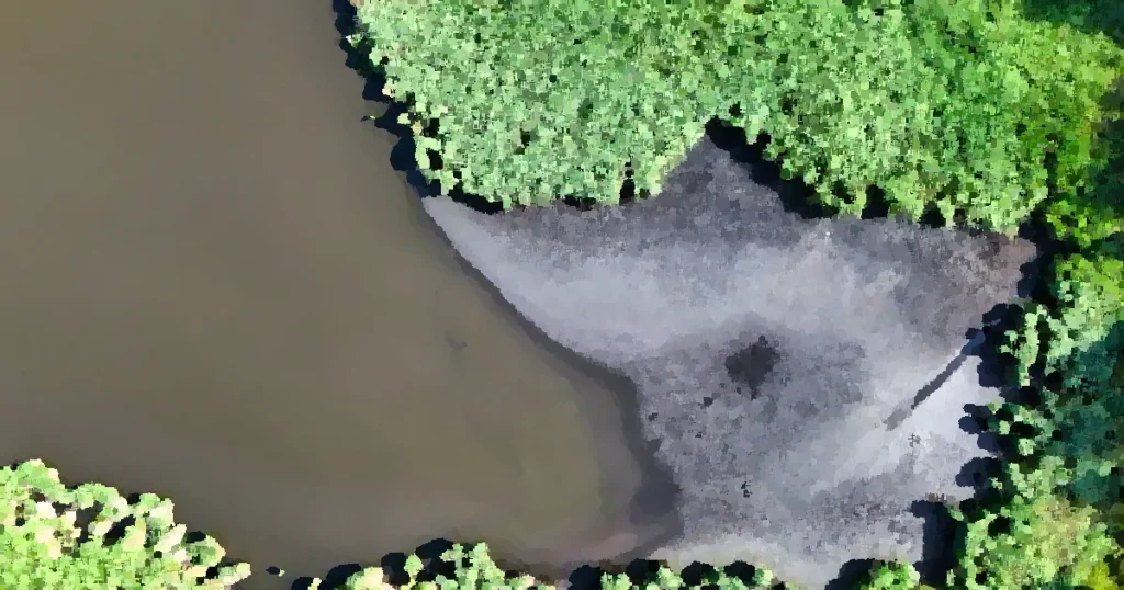 Aerial photograph of a dry riverbank adjacent to lush green vegetation.