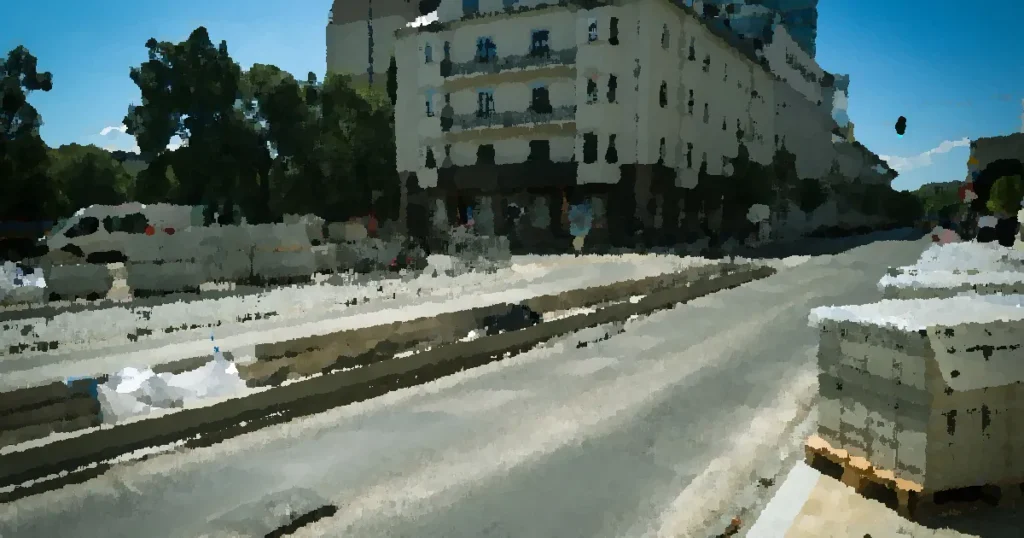 A sunny view of road construction in central Bratislava, showcasing urban development.