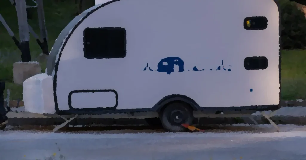 Side view of a modern teardrop caravan parked in İzmir, Türkiye on a quiet street.