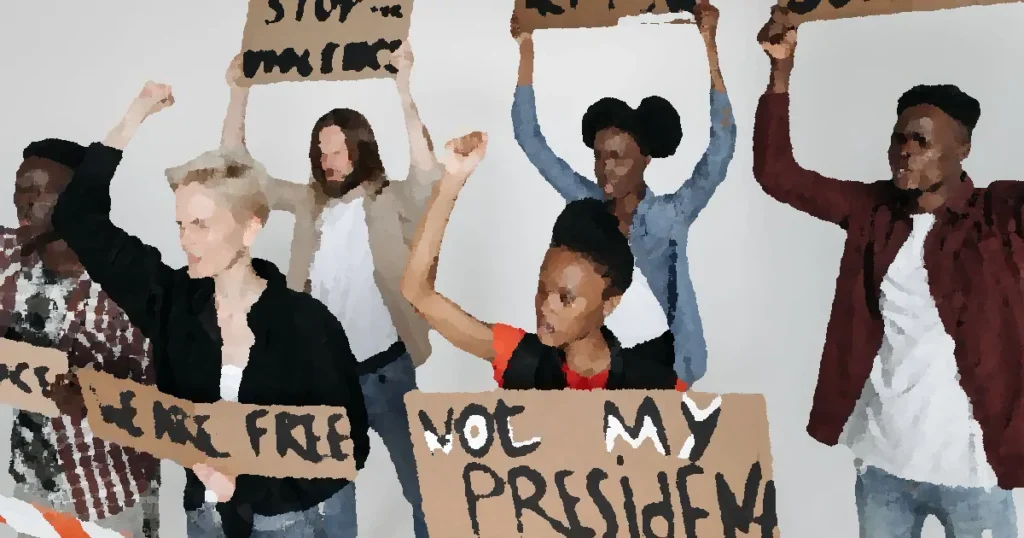A diverse group of activists holding protest signs in a studio setting, advocating for human rights and justice.