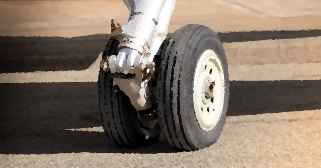 Detailed view of airplane landing gear on airport tarmac in daylight.