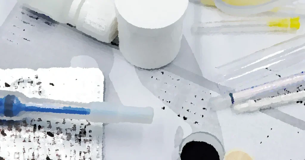 Vet supplies like syringes and medicines on blood test reports, suggesting medical care theme.