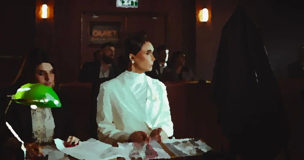A businesswoman attentively listening in a courtroom environment, Baghdad, Iraq.