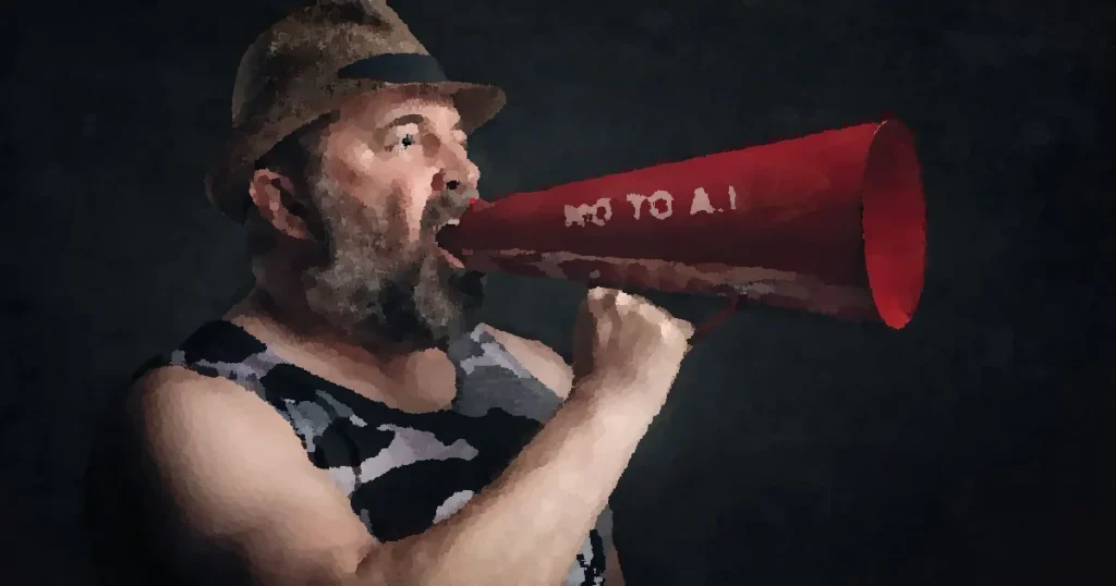 Bearded man shouting through a red megaphone with 'No to A.I' message.