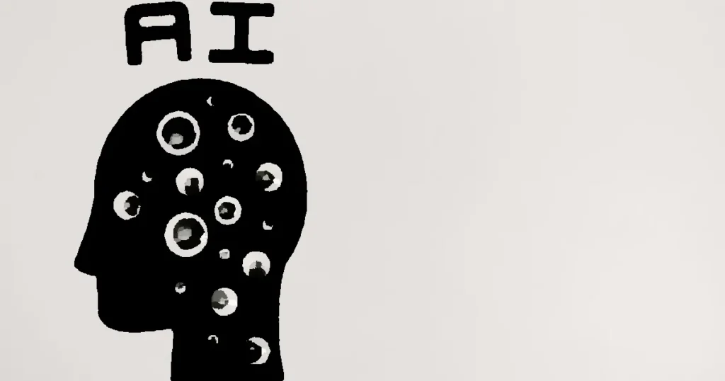 Abstract illustration of AI with silhouette head full of eyes, symbolizing observation and technology.