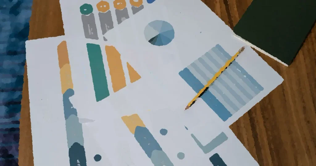 Overhead view of project management documents and charts on a desk with a pencil.