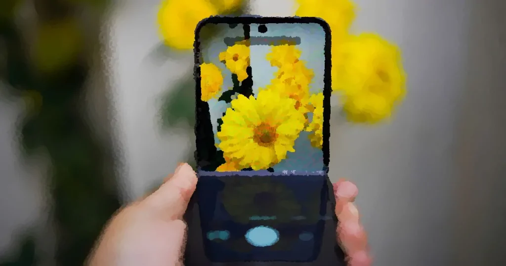 A smartphone capturing vivid yellow flowers, showcasing technology and nature interaction.