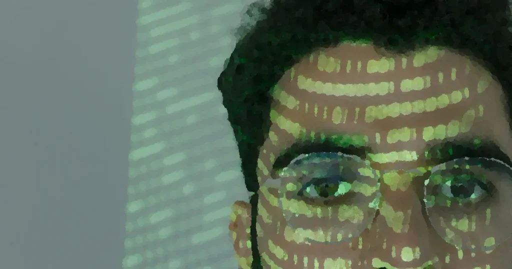 Close-up of a man with binary code projected on his face, symbolizing cybersecurity.