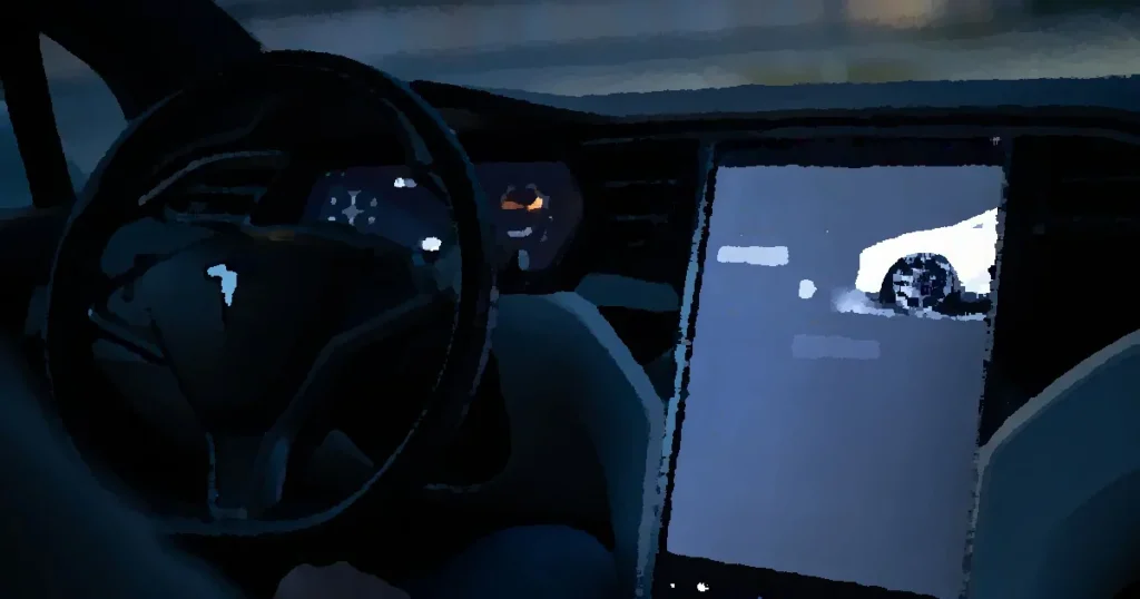 Tesla car interior showcasing advanced touchscreen display and steering controls.