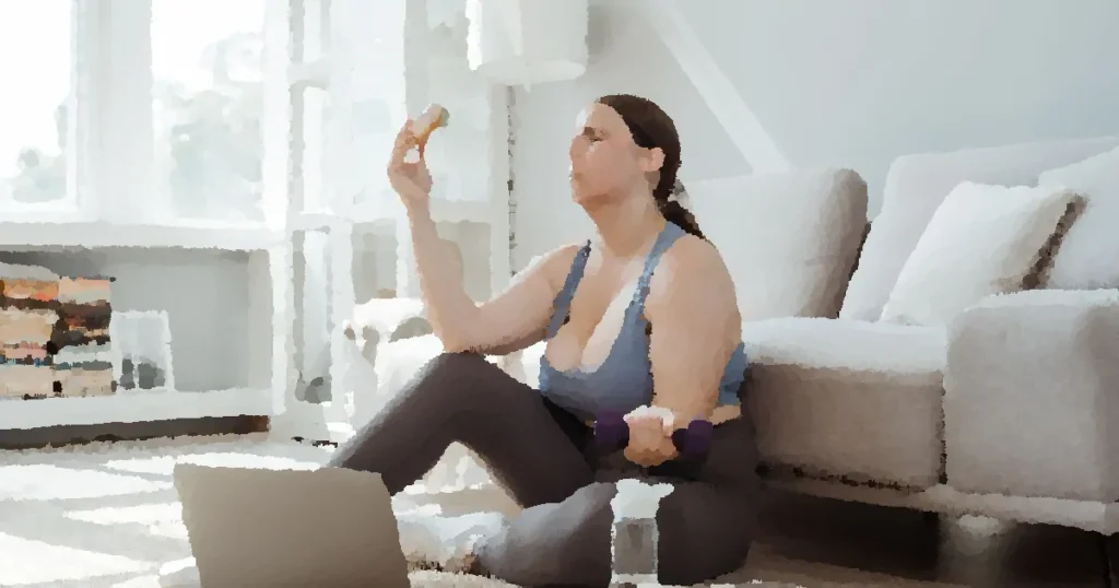 Plus-size woman exercising and making healthy choices in a cozy living room.