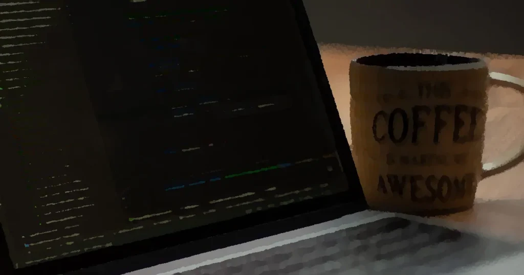 Close-up of a laptop screen with code and a coffee mug, perfect for tech abstract themes.