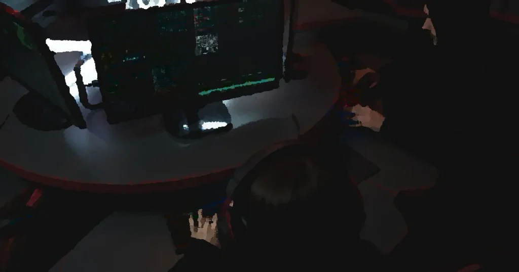 A group of people in a dark room working on computers, related to cybersecurity.