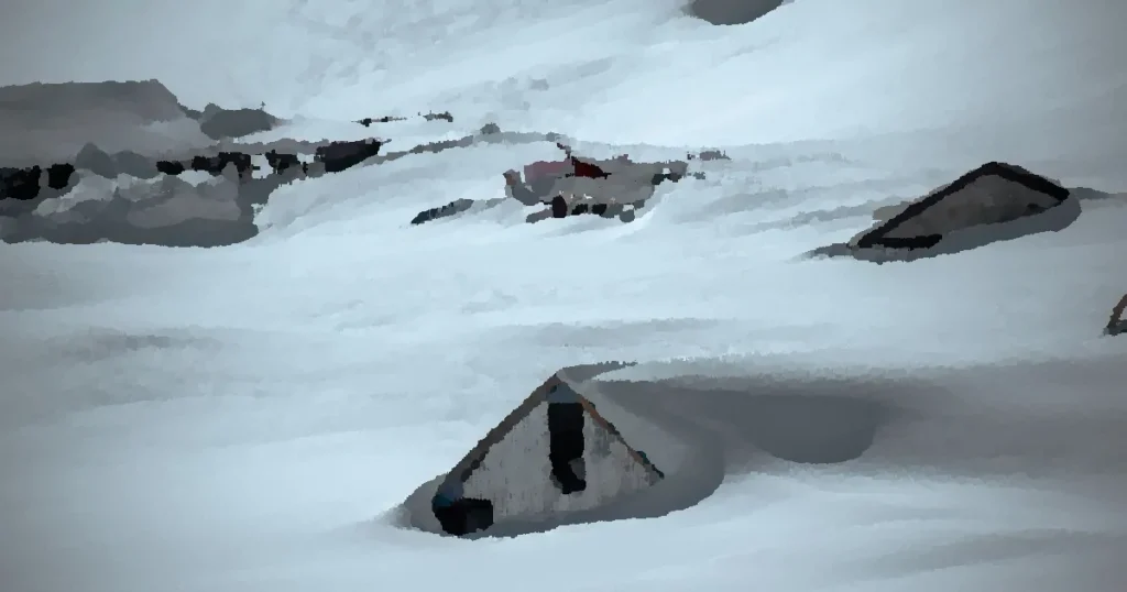 A striking image of snow-covered houses showing the aftermath of an avalanche in winter.