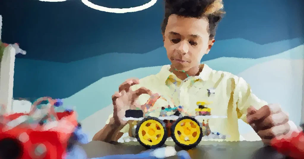 Boy explores robotics with toy vehicle and wires in a classroom setting.