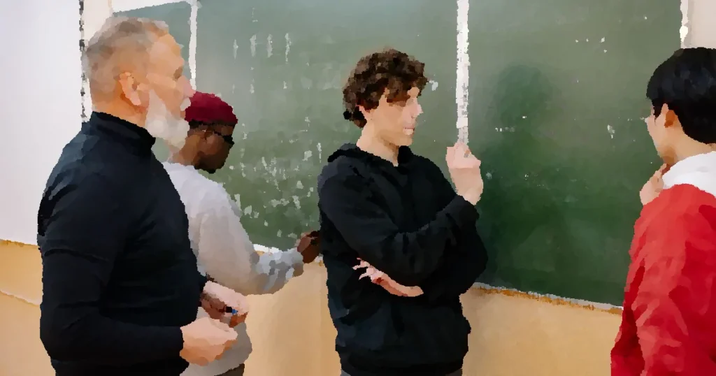 Group of students and professor discussing complex equations on a chalkboard.