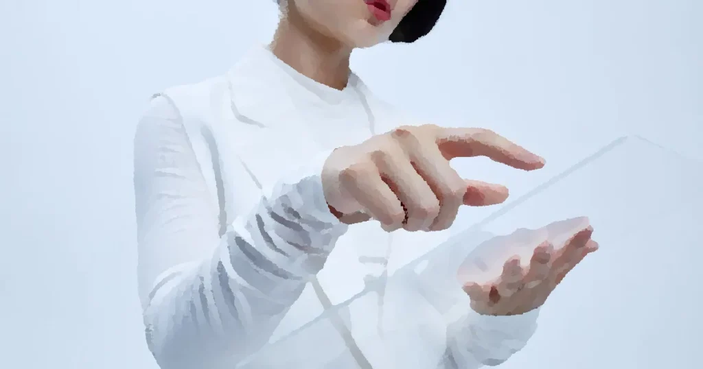 Woman touches transparent interface in a modern, futuristic setting.
