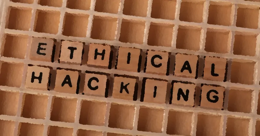 Wooden blocks spell 'ethical hacking', symbolizing cybersecurity concepts.