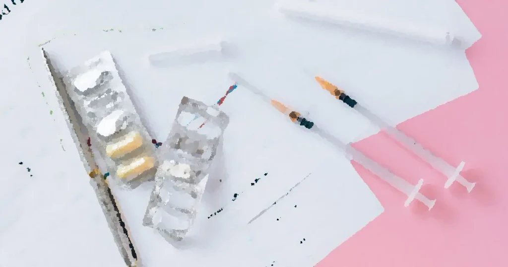 Flat lay of medicines, syringes, and a blood glucose chart on a pink surface, representing health management.