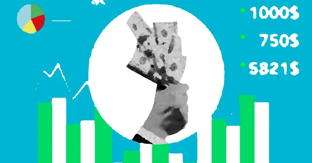 Decorative cardboard appliques representing hand with dollar banknotes and numbers above chart on blue background