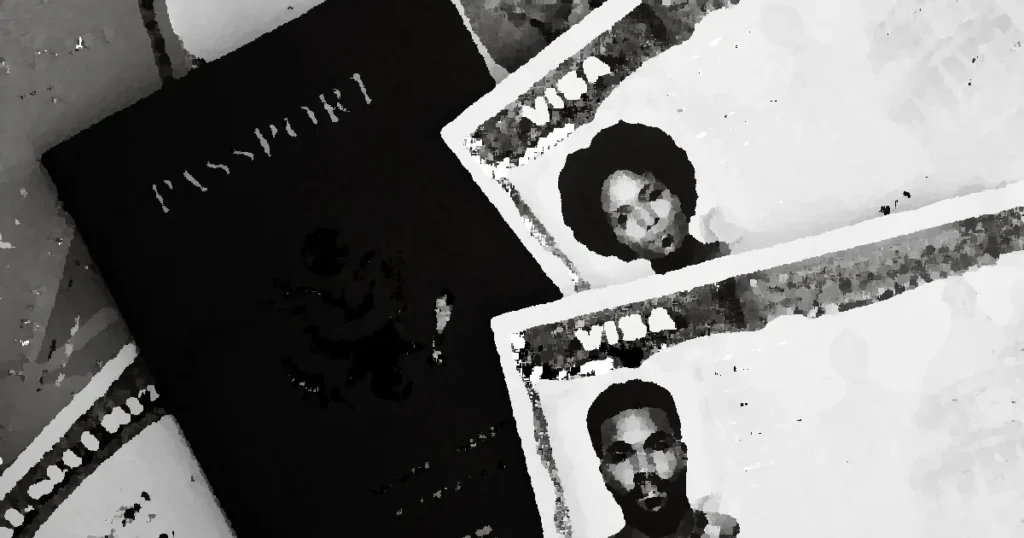 Monochrome photo of a US passport, visas, and currency, symbolizing travel and finance.