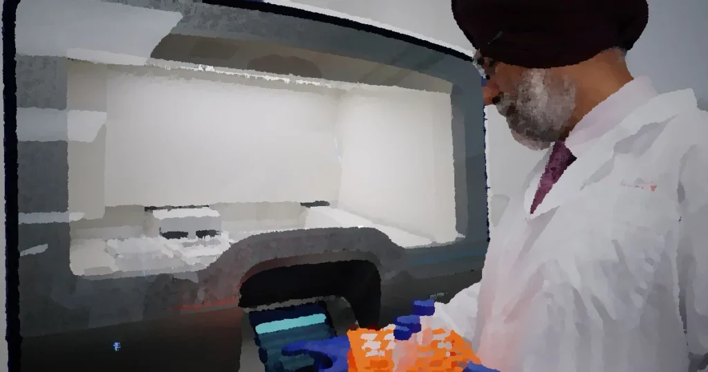 Researcher in lab analyzing samples with high-tech equipment. Wearing protective lab gear.