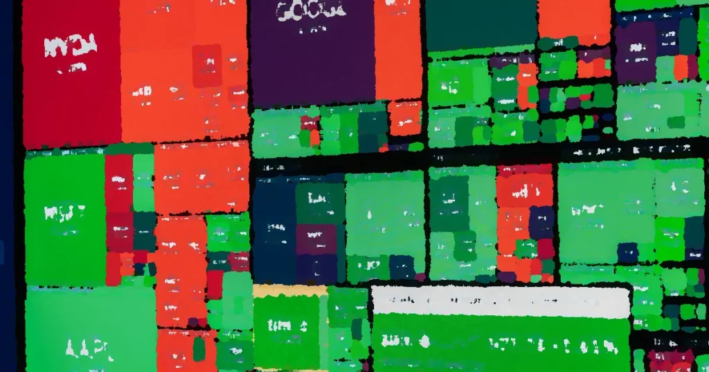 Vibrant stock market heat map displaying various company performances on a monitor.