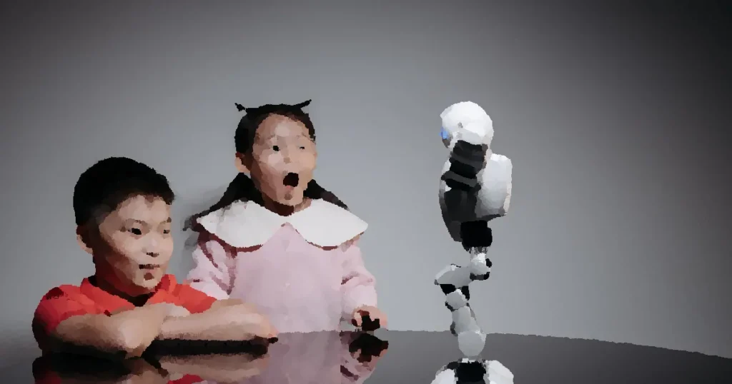Two children fascinated by a toy robot, showcasing excitement and curiosity indoors.