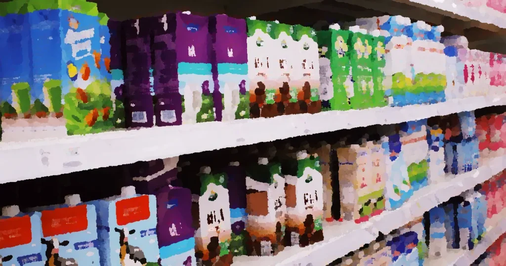 Various colorful boxes of milk placed on shelves with prices in modern supermarket