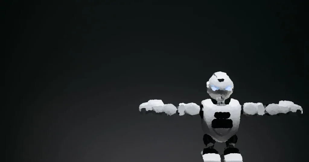 Studio shot of a humanoid robot with glowing eyes against a dark background, offering ample copyspace.