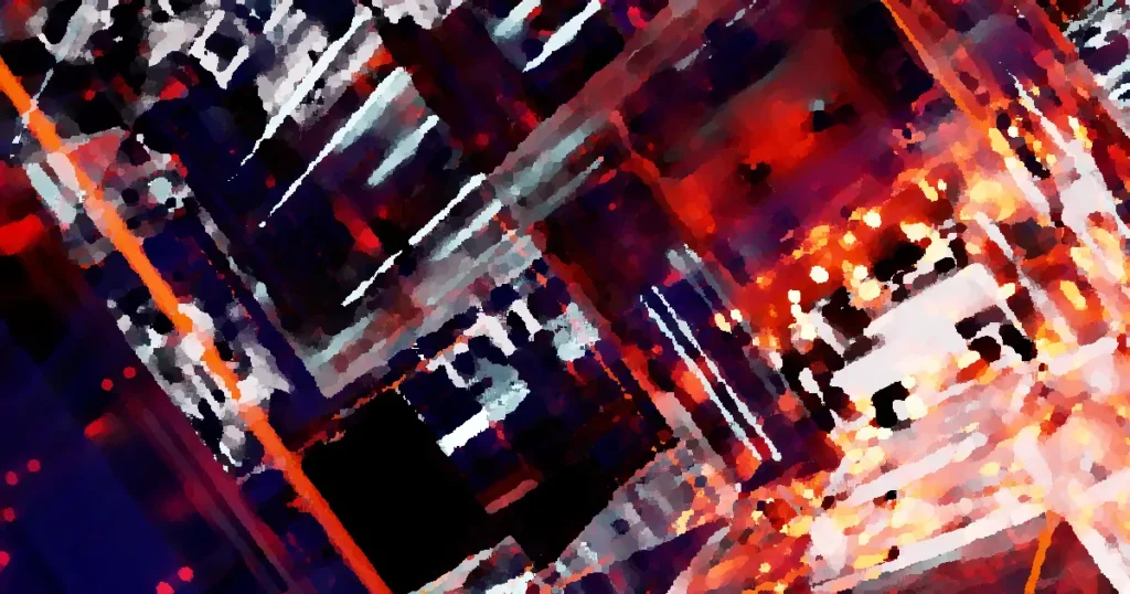 Abstract futuristic cyber landscape with digital matrix and glowing lights.