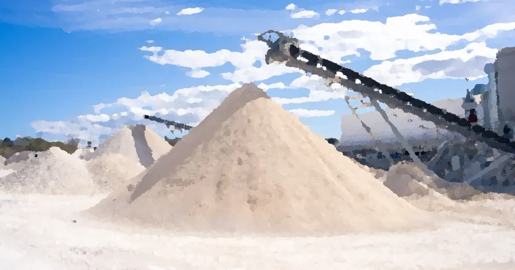 Quarry scene with conveyor belt and large sand piles under a blue sky.
