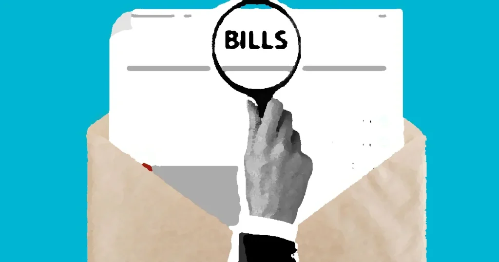 Cutout paper composition of male with magnifier received expensive taxes and payments on blue background