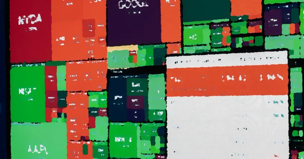 Colorful stock market board displaying various company stock performances and trends.