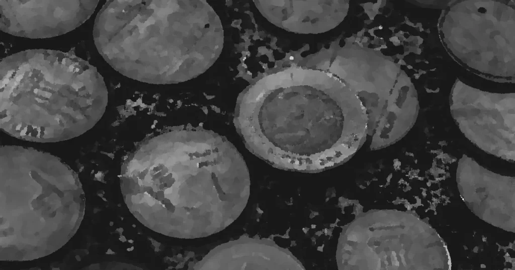 A detailed black and white macro shot of scattered Indian rupee coins, highlighting texture and design.