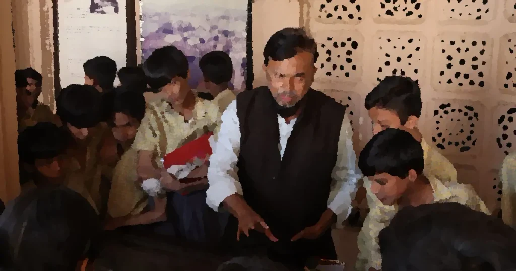 Group of school children on a heritage tour with a guide in an Indian museum.
