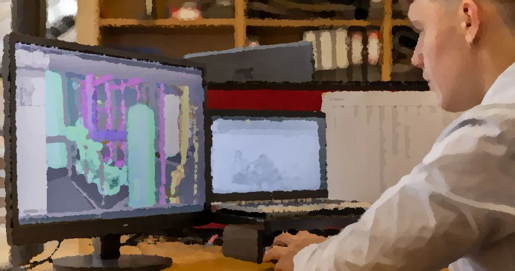 Engineer working with CAD software on dual monitors in an office setting.