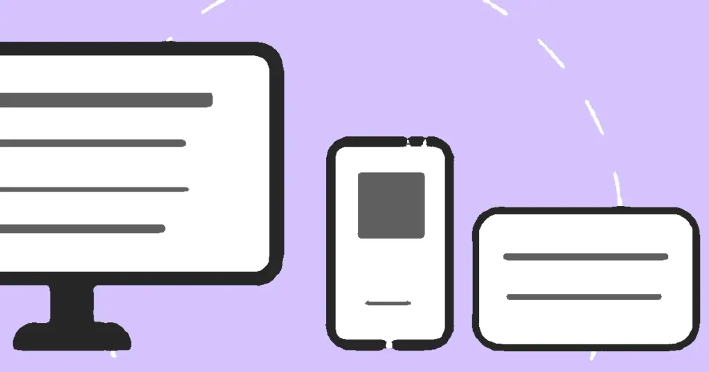 Vector icons with modern phone near computer monitor and credit card with gray lines on purple background