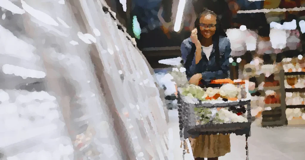 Smiling woman multitasking by shopping with a cart in a supermarket aisle while talking on the phone.