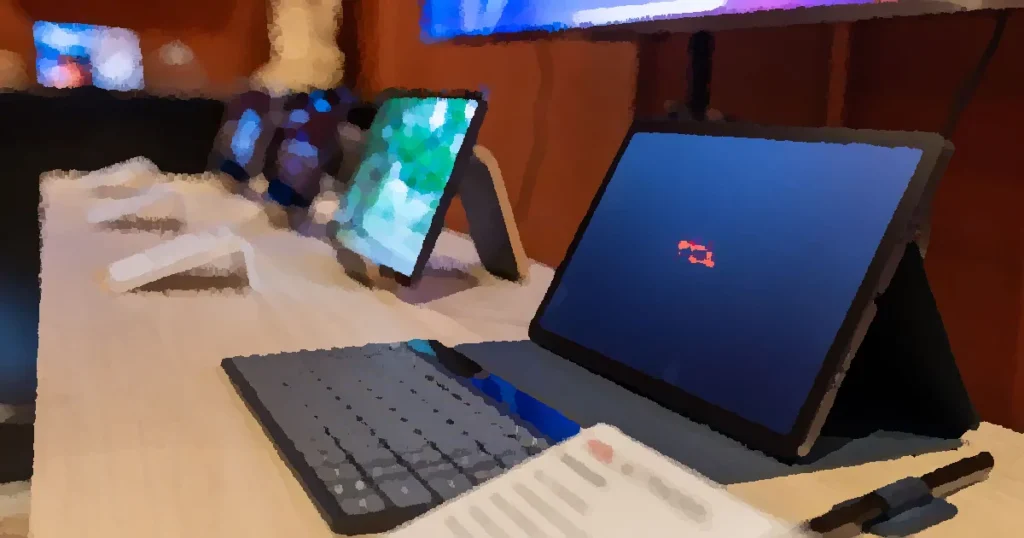 Close-up view of tablets with keyboards in a contemporary electronics store setting.
