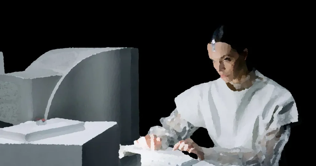 A woman in a futuristic setting working on an old computer, suggesting a blend of past and future.