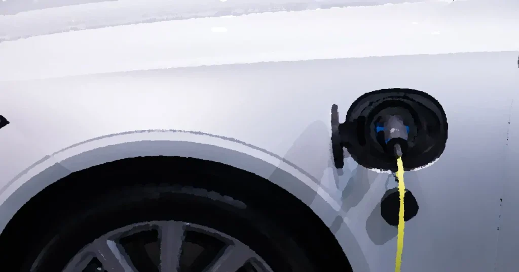 A white electric car is plugged in for charging, close-up view of the charging port.
