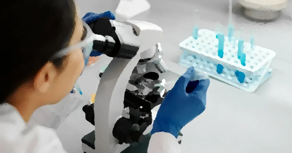 Scientist conducting research in a lab using a microscope and dropper.