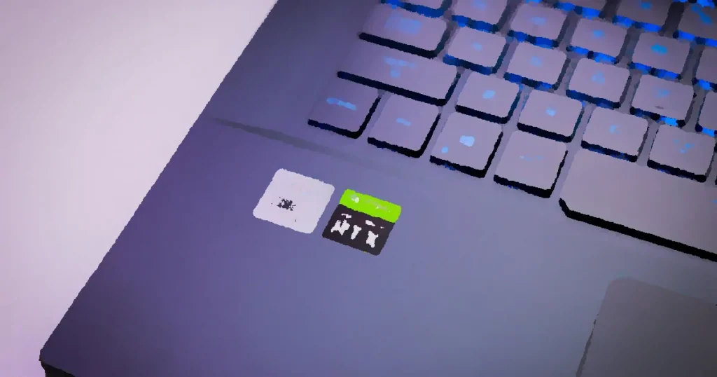 Laptop keyboard with Intel Core i7 and NVIDIA GeForce RTX stickers, symbolizing high-performance computing power.