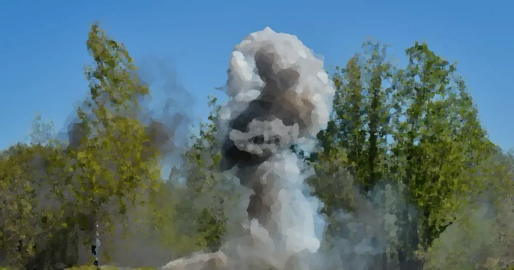 A powerful explosion creates a huge cloud of smoke against a backdrop of green trees, illustrating nature vs. destruction.
